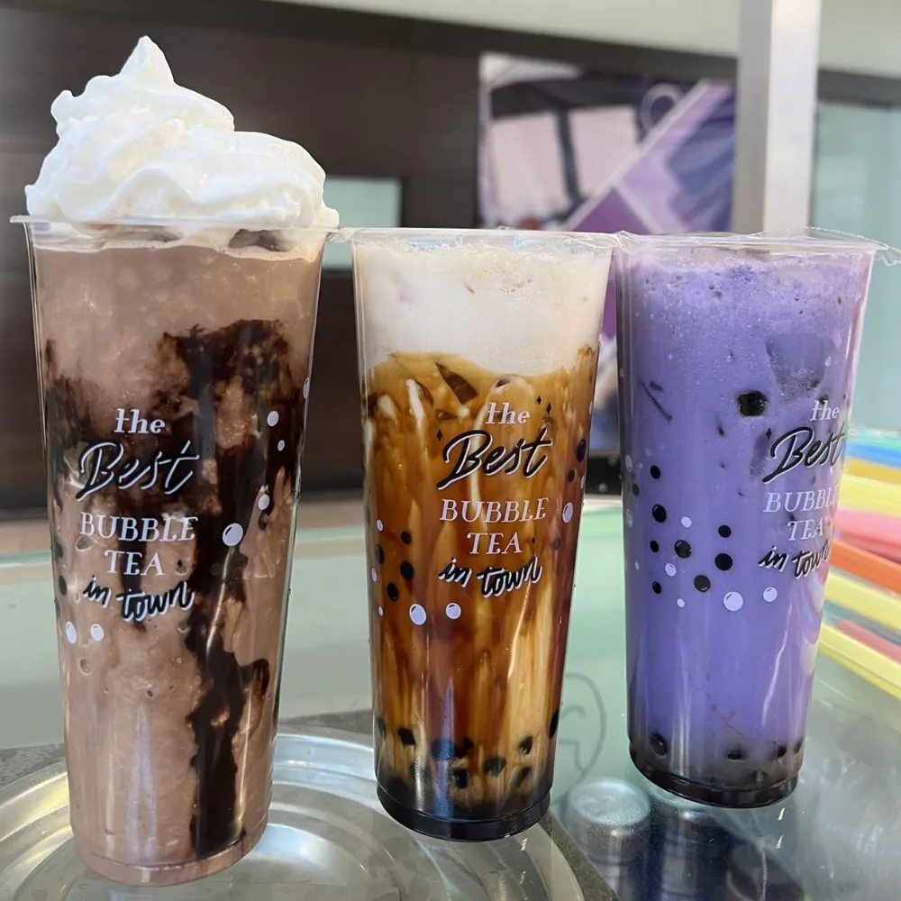 Three creamy bubble teas with toppings at BoBa Cha Bubble Tea & Smoothies House, a Cafe in Baltimore
