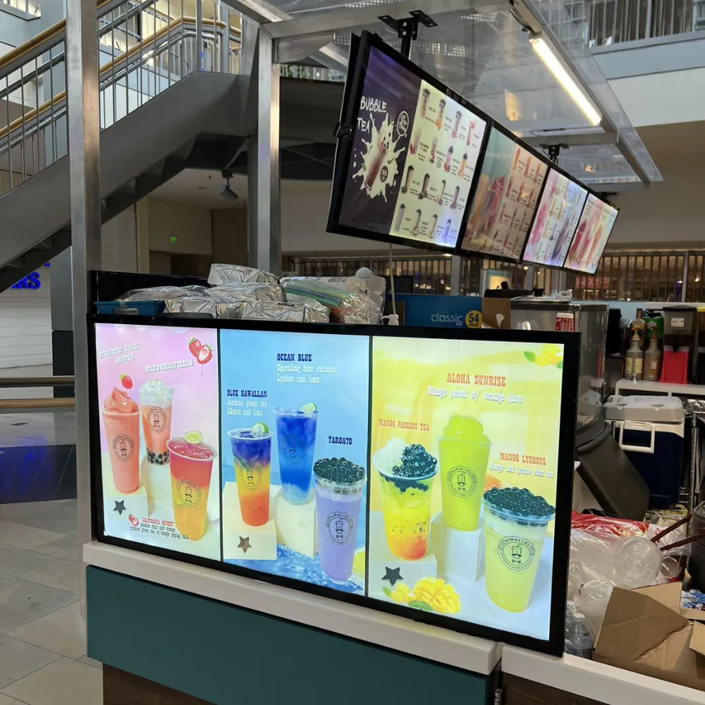 Fruit bubble tea menu boards at BoBa Cha Bubble Tea & Smoothies House, a Cafe in Baltimore